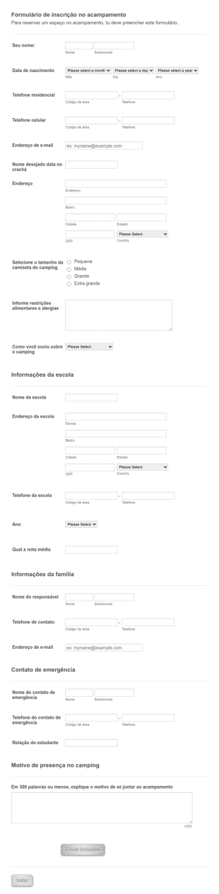 Formulário De Inscrição No Acampamento