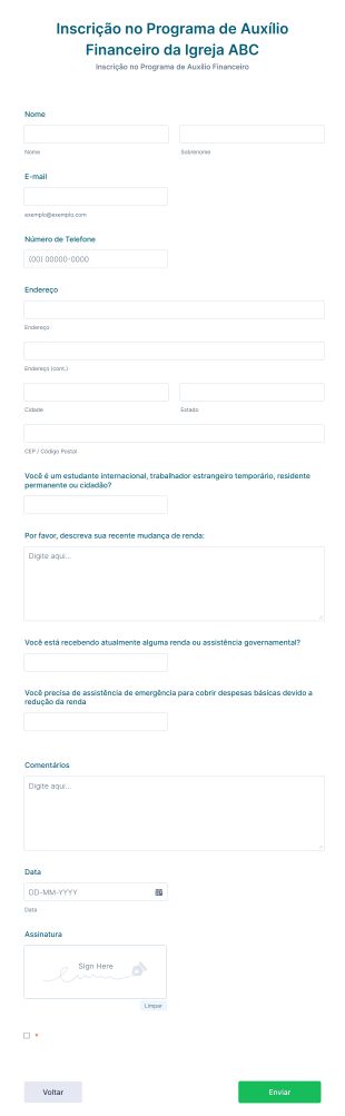 Formulário De Inscrição No Programa De Auxílio Financeiro Da Igreja Durante A COVID 19