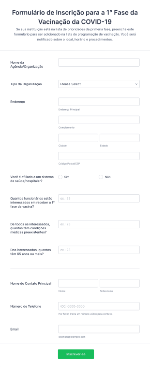 Formulário De Inscrição Para A 1° Fase Da Vacinação Da COVID 19 Form Template