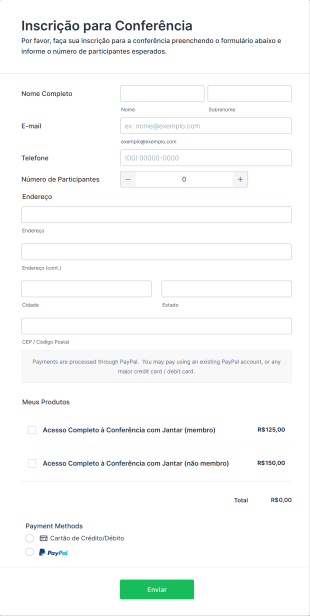 Formulário De Inscrição Para Conferência Com Pagamento