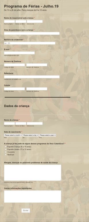 Formulário De Inscrição Para Programa De Férias De Crianças E Adolescentes Form Template