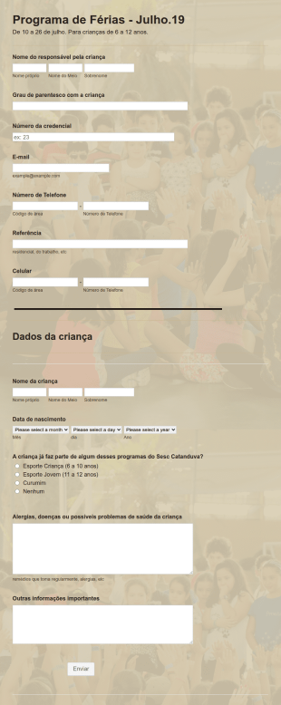 Formulário De Inscrição Para Programa De Férias De Crianças E Adolescentes