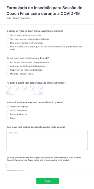 Formulário De Inscrição Para Sessão De Coach Financeiro Durante A COVID 19 Form Template