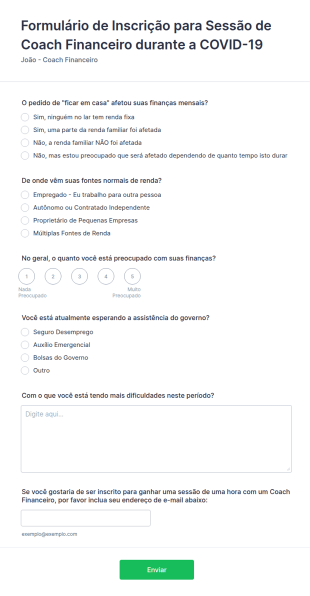 Formulário De Inscrição Para Sessão De Coach Financeiro Durante A COVID 19