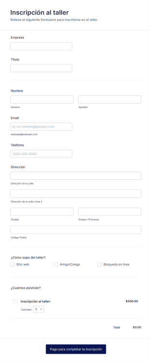 Formulario De Inscripción Al Taller Form Template