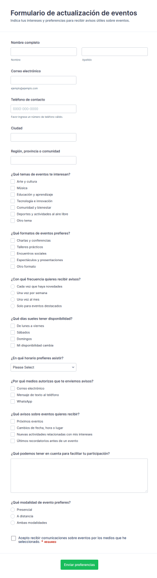 Formulario De Inscripción De Actualizaciones De Eventos