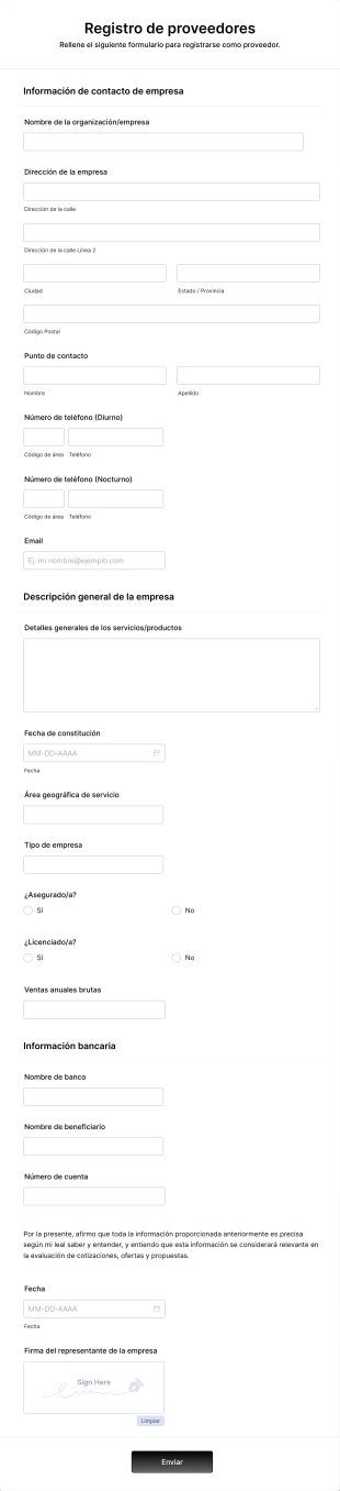 Formulario De Inscripción De Proveedores Form Template