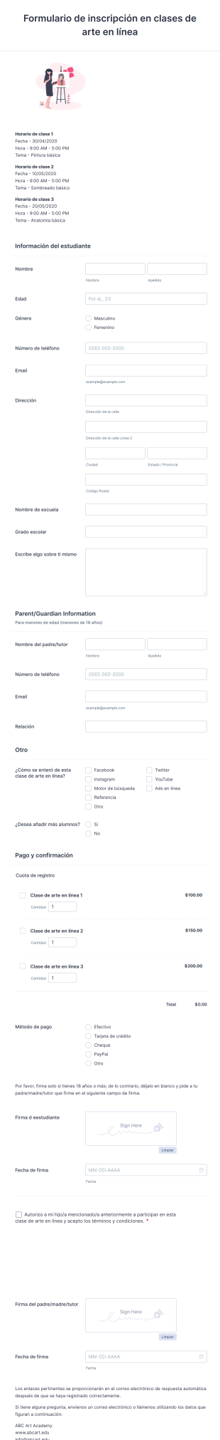 Formulario De Inscripción En Clases De Arte En Línea Form Template