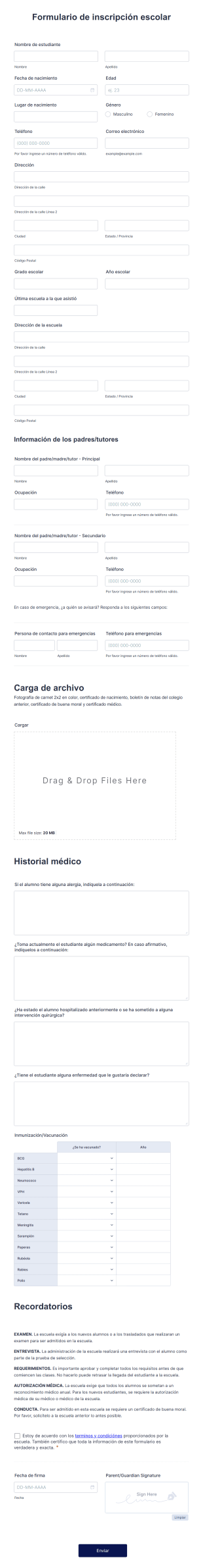 Formulario De Inscripción Escolar Form Template