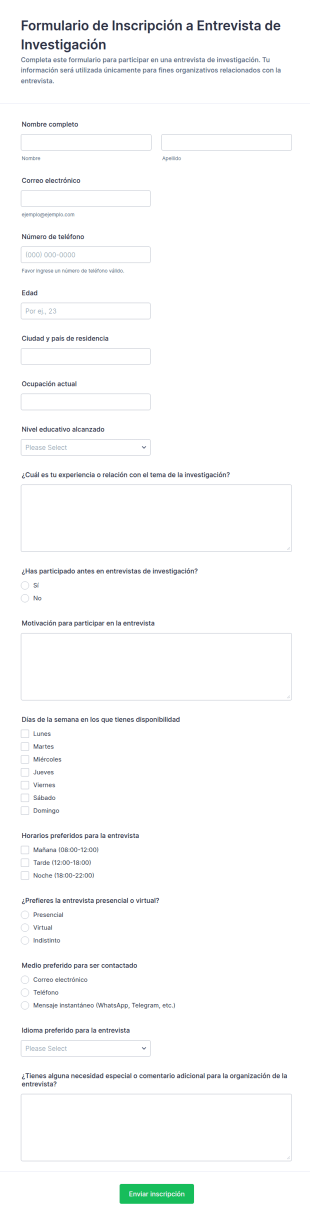 Formulario De Inscripción Para Entrevista De Investigación