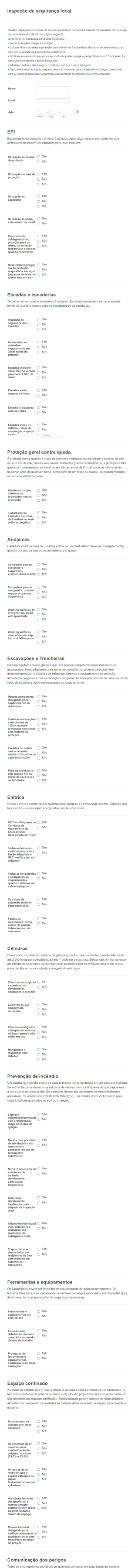 Formulário De Inspeção De Segurança Local Form Template