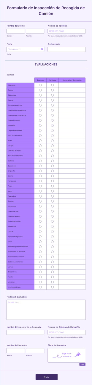 Formulario De Inspección De Recogida De Camión Form Template