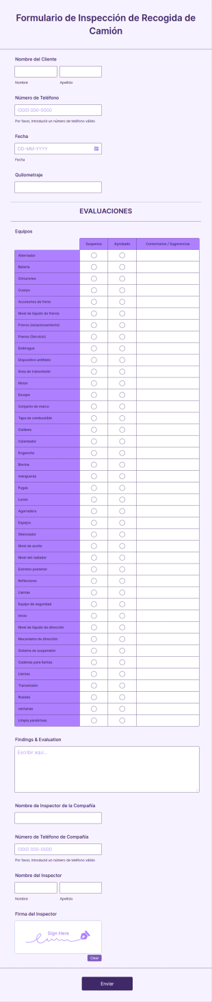 Formulario De Inspección De Recogida De Camión