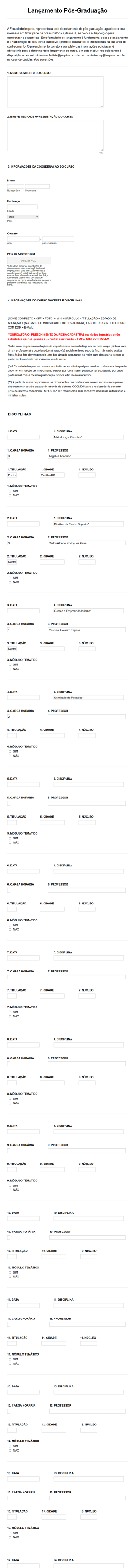 Formulário De Interesse Em Curso De Pós Graduação