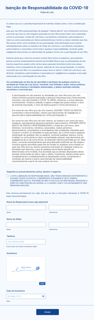 Formulário De Isenção De Responsabilidade Durante A COVID 19 Para Clubes De Luta