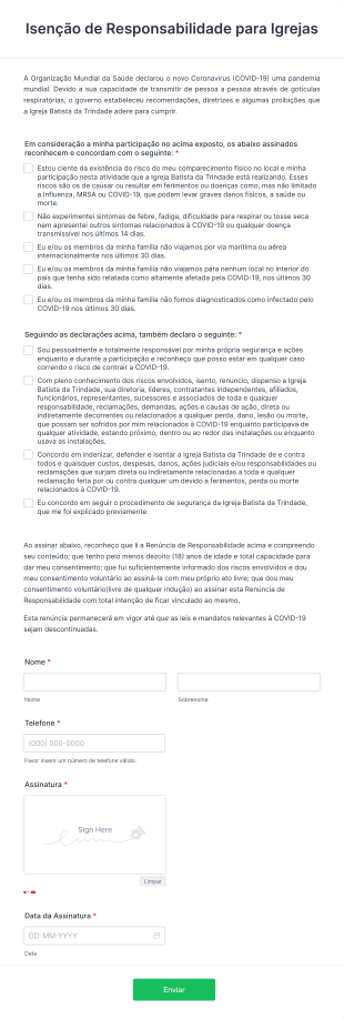 Formulário De Isenção De Responsabilidade Durante A COVID 19 Para Igrejas Form Template