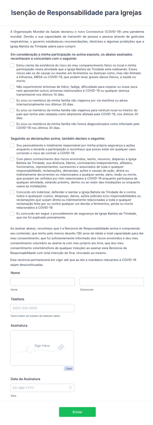 Formulário De Isenção De Responsabilidade Durante A COVID 19 Para Igrejas