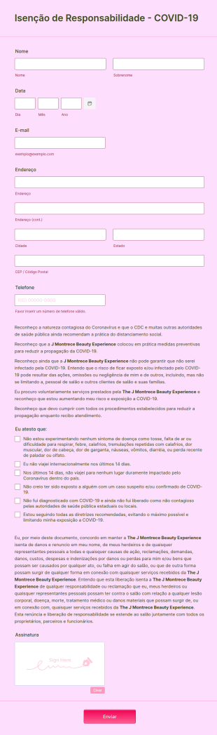 Formulário De Isenção De Responsabilidade Para Serviços De Maquiagem, Cílios E Sobrancelhas Dur