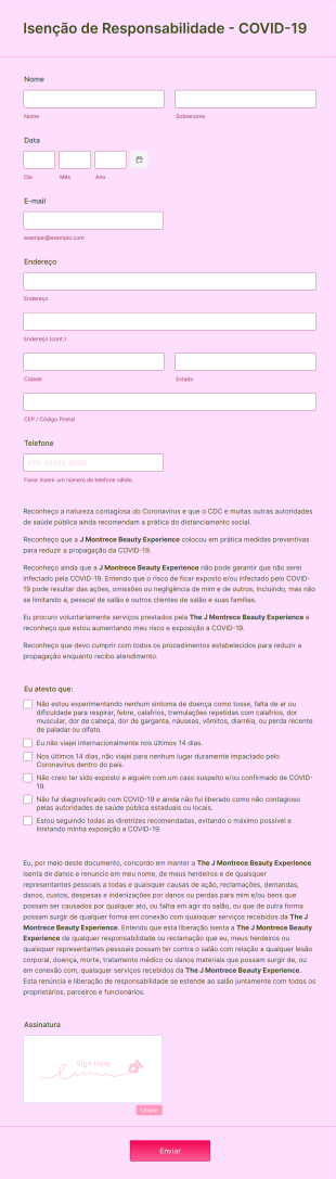 Formulário De Isenção De Responsabilidade Para Serviços De Maquiagem, Cílios E Sobrancelhas Dur