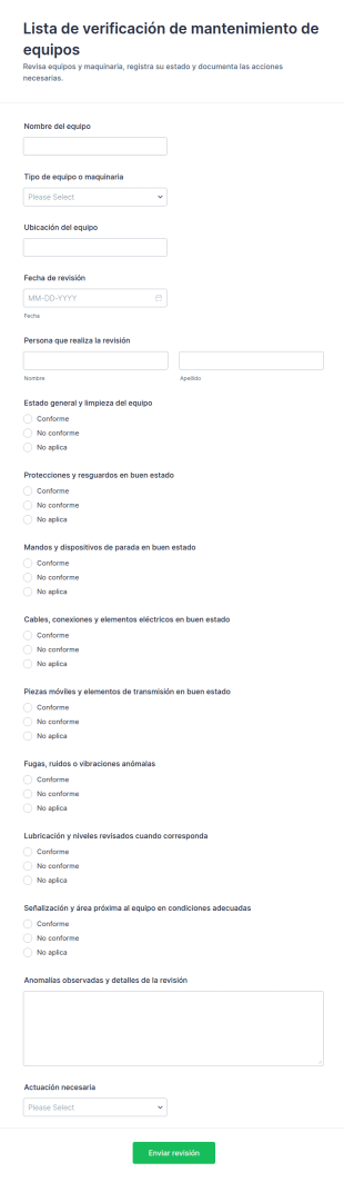 Formulario De Lista De Mantenimiento De Equipos