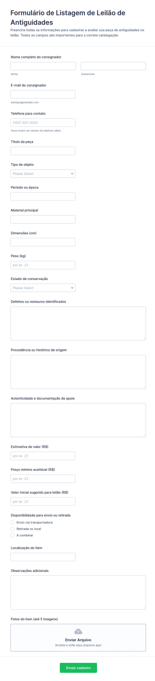 Formulário De Listagem De Leilão De Antiguidades