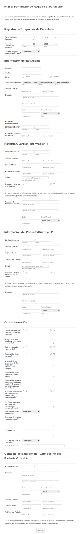 Formulario De Matrícula En Parvulario