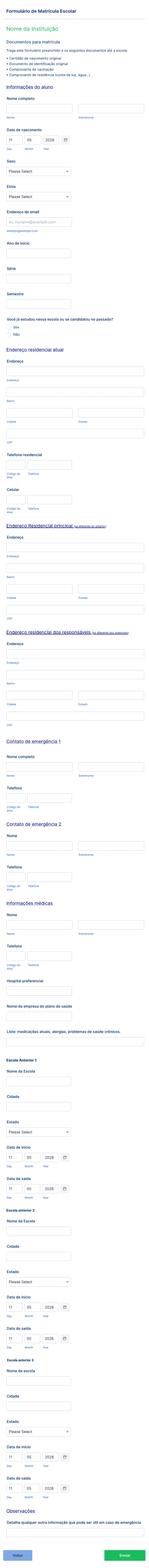 Formulário De Matrícula Escolar