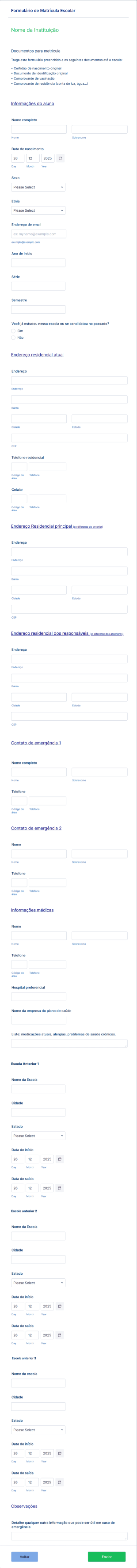 Formulário De Matrícula Escolar Form Template