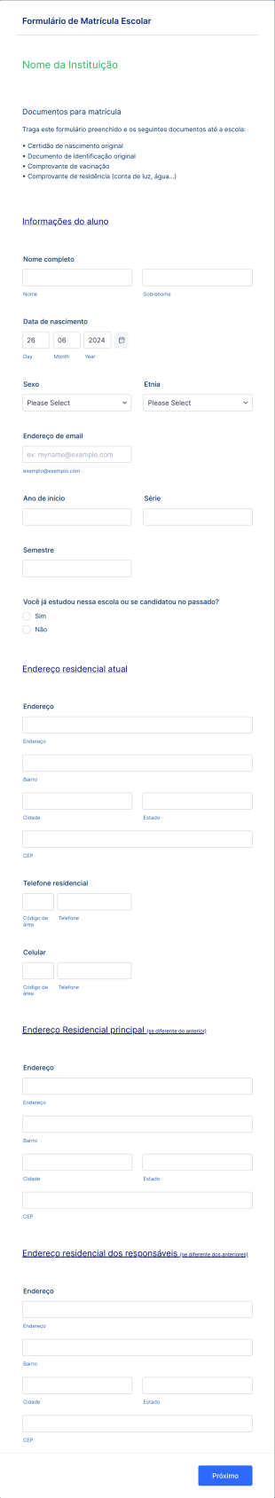 Formulário De Matrícula Escolar Form Template