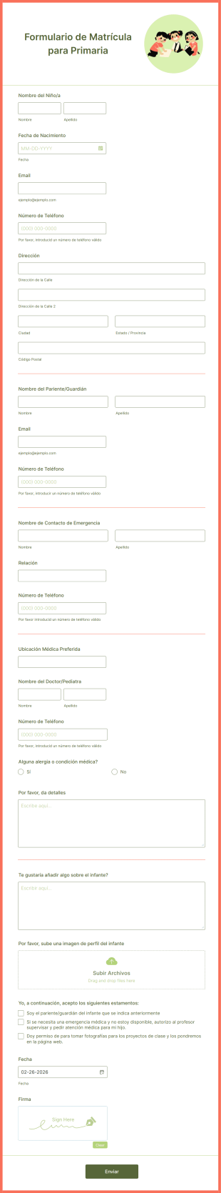 Formulario De Matrícula Para Primaria
