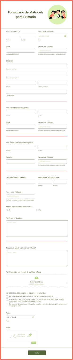 Formulario De Matrícula Para Primaria Form Template