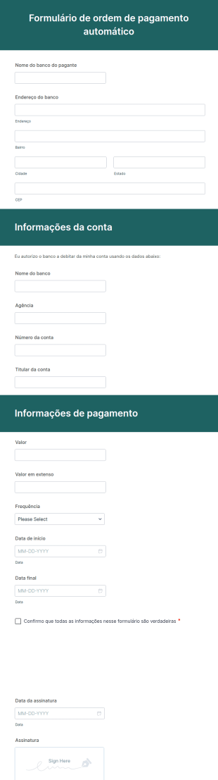 Formulário De Ordem De Pagamento Automático