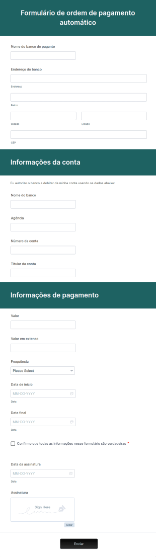 Formulário De Ordem De Pagamento Automático
