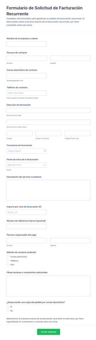 Formulario De Orden De Facturación Recurrente
