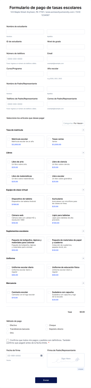 Formulario De Pago De Tasas Escolares Form Template