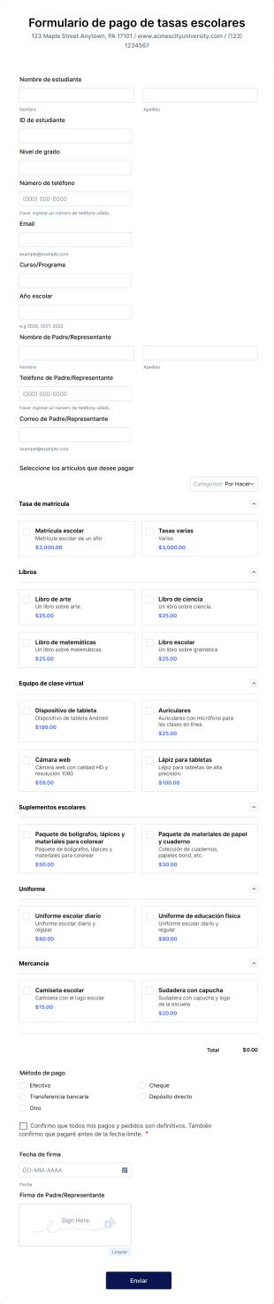 Formulario De Pago De Tasas Escolares