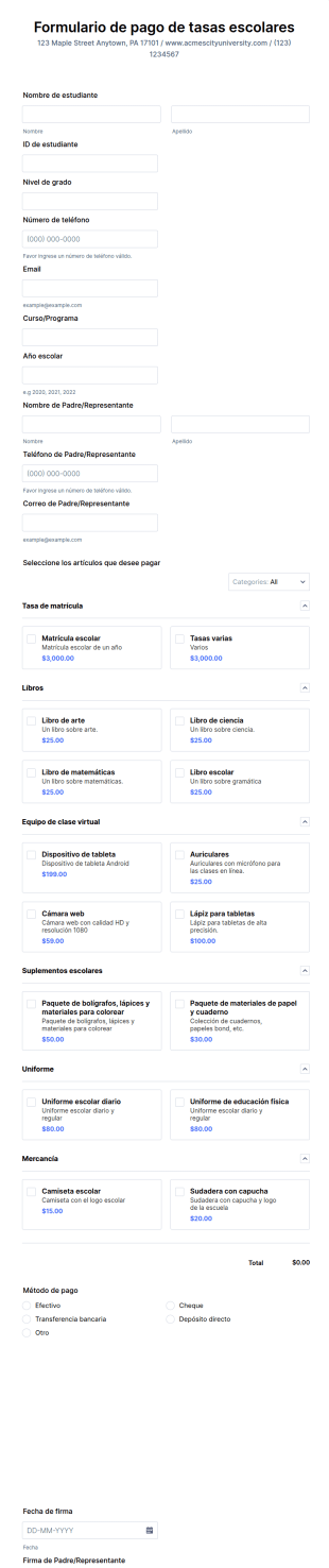 Formulario De Pago De Tasas Escolares