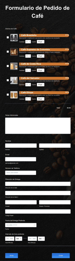 Formulario De Pedido De Café