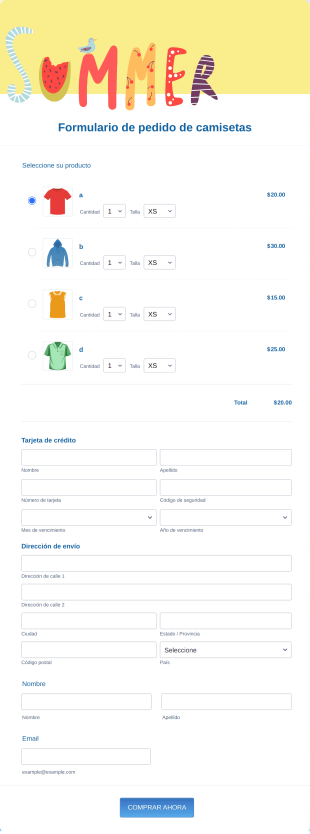 Formulario De Pedido De Camisetas De Verano
