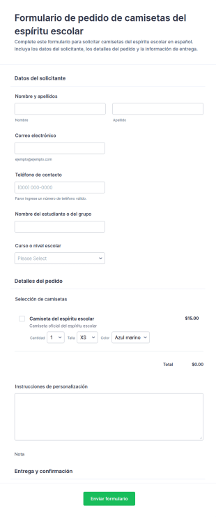 Formulario De Pedido De Camisetas Del Espíritu Escolar