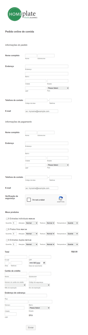 Formulário De Pedido De Comida