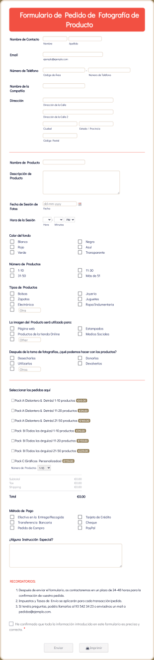 Formulario De Pedido De Fotografía De Producto Form Template