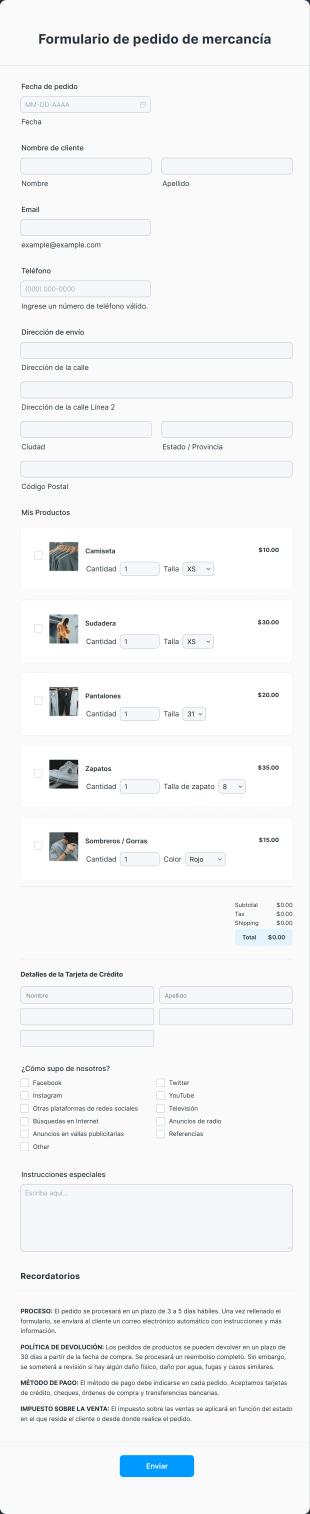 Formulario De Pedido De Mercancía Form Template