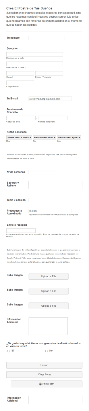 Formulario De Pedido De Postres Personalizados