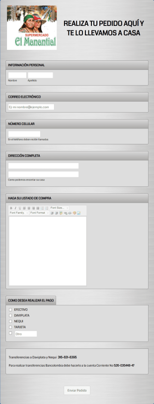 Formulario De Pedido De Producto Supermercado El Manantial Form Template