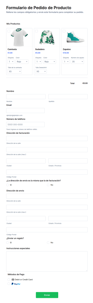Formulario De Pedido De Producto