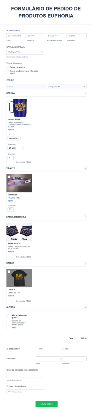 Formulário De Pedido De Produtos Euphoria 1.0