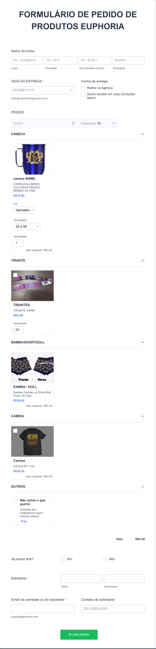 Formulário De Pedido De Produtos Euphoria 1.0