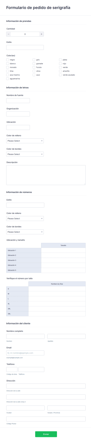 Formulario De Pedido De Serigrafía