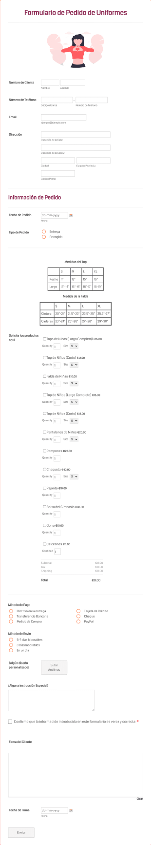 Formulario De Pedido De Uniformes